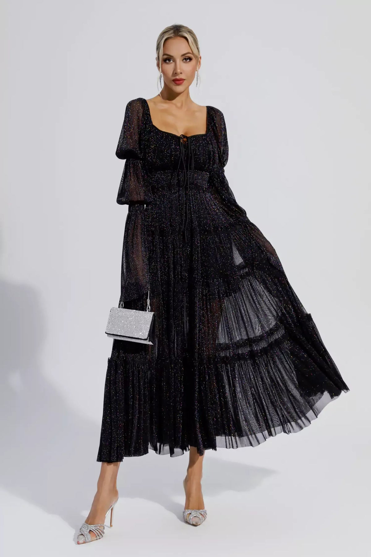 Yaretzi Siyah Pullu Uzun Kollu Maksi Elbise