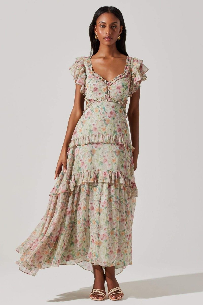 Agatha Baskılı Fırfırlı Cut-Out Midi Elbise