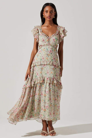 Agatha Baskılı Fırfırlı Cut-Out Midi Elbise