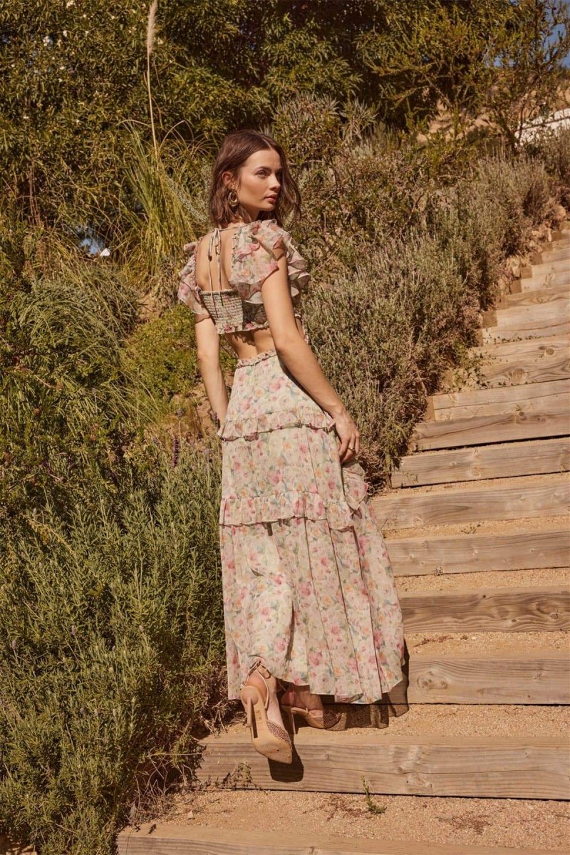 Agatha Baskılı Fırfırlı Cut-Out Midi Elbise