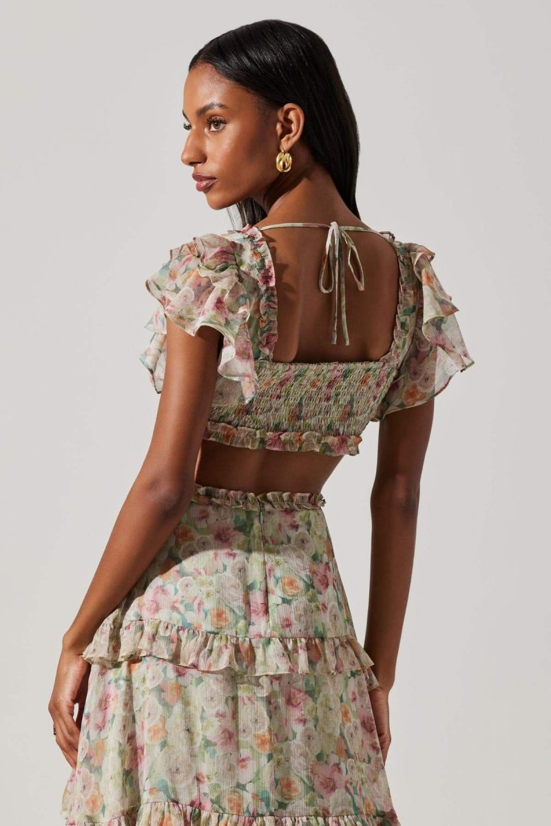 Agatha Baskılı Fırfırlı Cut-Out Midi Elbise