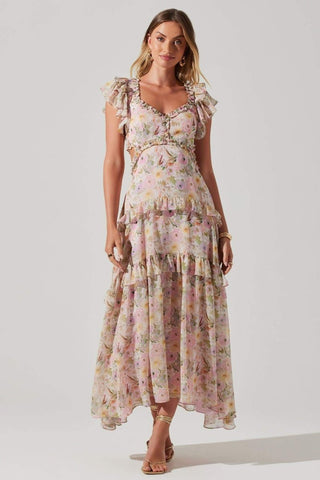 Agatha Baskılı Fırfırlı Cut-Out Midi Elbise