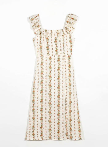 Alyss Baskılı Fırfırlı Askılı Yırtmaçlı Midi Elbise