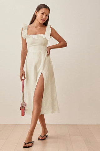 Alyss Fırfırlı Askılı Yırtmaçlı Midi Elbise