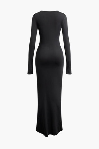 Yuvarlak Yaka Dantelli Yırtmaçlı Uzun Kollu maksi Elbise