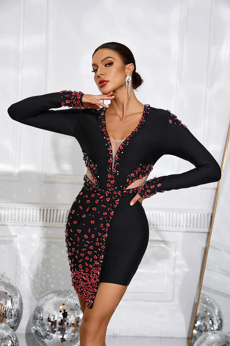 Akasya Taşlı Mini Elbise Siyah