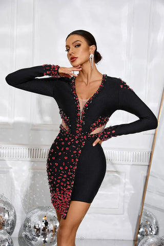 Akasya Taşlı Mini Elbise Siyah