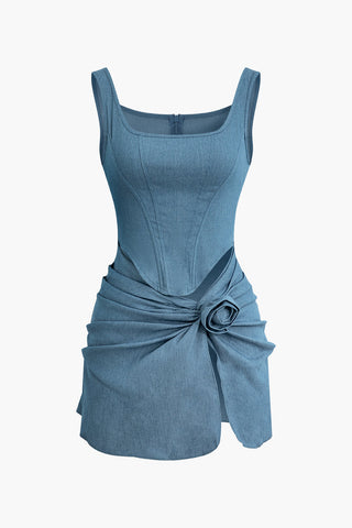 3D Çiçek Dantelli Tank Denim mini Elbise