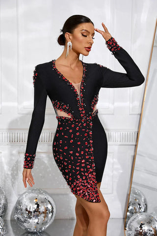 Akasya Taşlı Mini Elbise Siyah