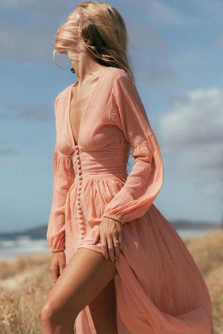 Giselle V yakalı Plisse Maxi Milkmaid Elbise