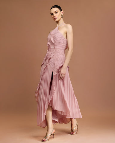 Fırfır Detaylı Pileli Halter Midi Elbise