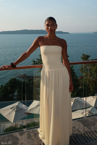 Lyanna Örgü Şifon Straplez Uzun Elbise - Krem