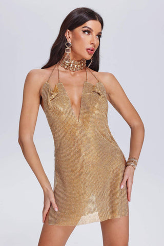 Patey Metalik Halter Yaka Elbise