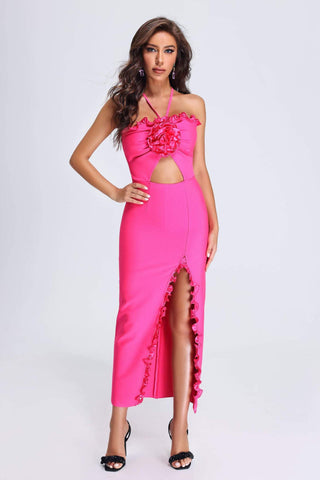 Lori Halter Yaka Pembe Bandaj Elbise