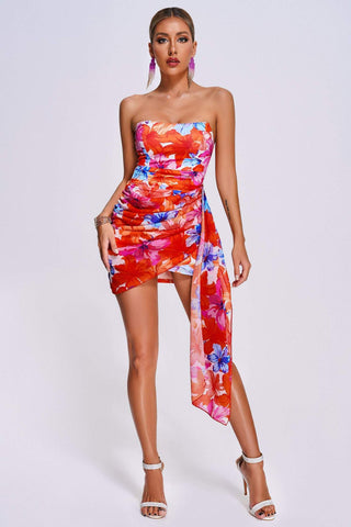 Canlı Çiçek Desenli Straplez Mini Elbise