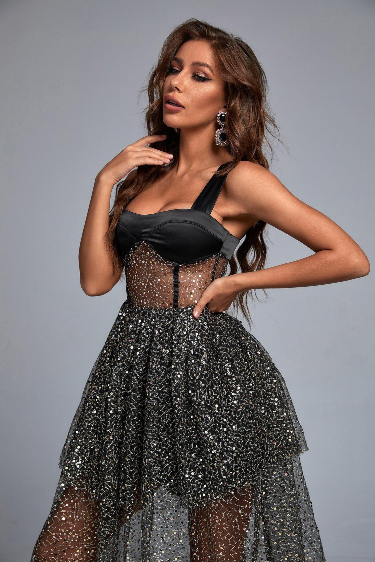 Tamo Parıltılı File Midi Elbise