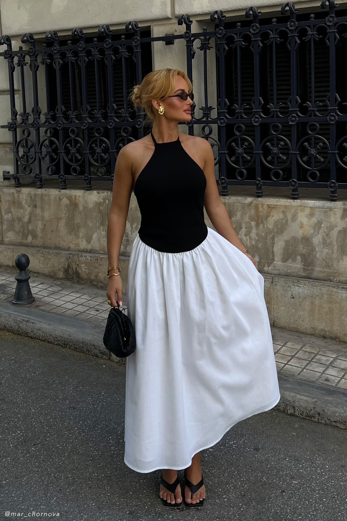 Katie Örgü Ve Keten Midi Elbise - Siyah/Beyaz