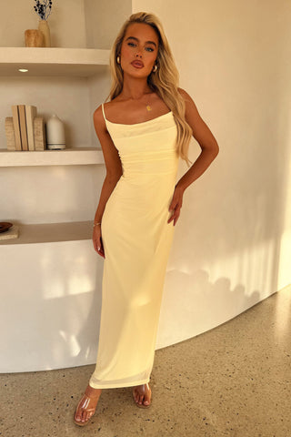 İp Askılı Drape Detaylı Saten Elbise – Sarı