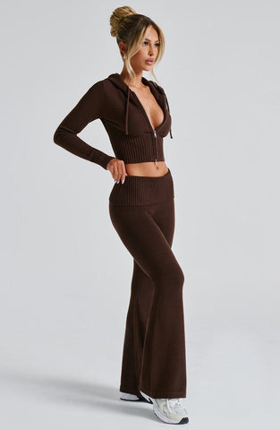 Fermuarlı Triko Kapüşonlu Crop Top – Kahverengi