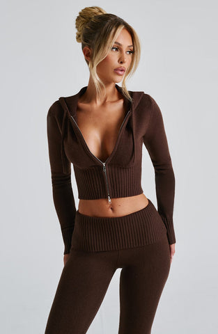 Fermuarlı Triko Kapüşonlu Crop Top – Kahverengi