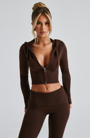 Fermuarlı Triko Kapüşonlu Crop Top – Kahverengi