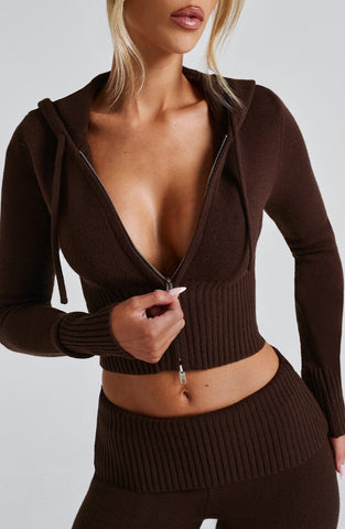 Fermuarlı Triko Kapüşonlu Crop Top – Kahverengi