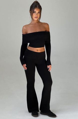 Yüksek Bel Flare Fit Triko Pantolon – Siyah