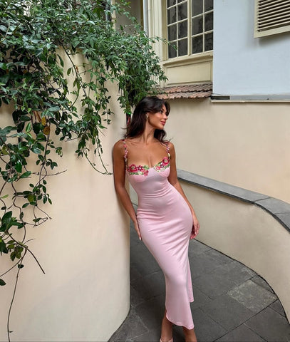 Esne Çiçek Desenli Halter Yaka Pembe Maxi Elbise